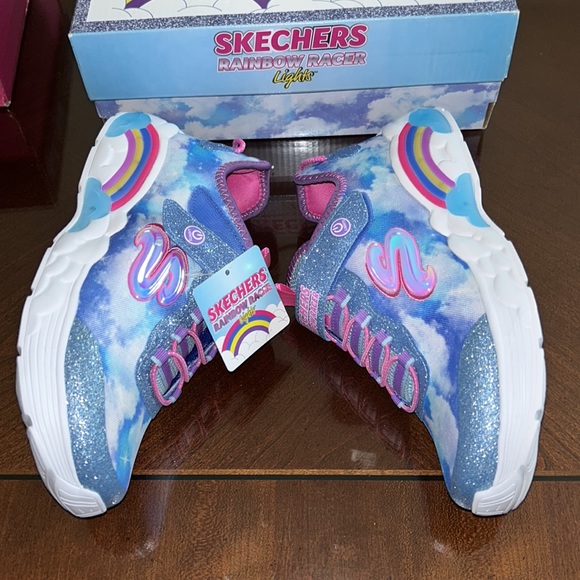 GIRLS' SKECHERS RAINBOW RACER LIGHT-UP WEDGE SNEAKERS NIB - Picture 6 of 8